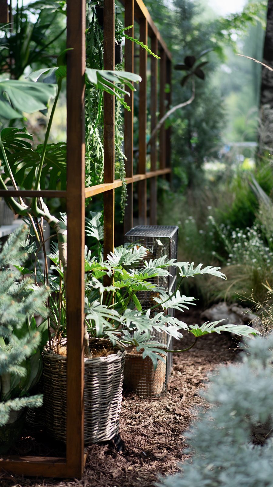 lush garden with trellis and woven basket with tree
