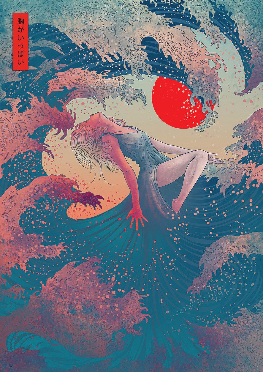 a woman in a dress forming an ocean wave with a red sun japanese style art